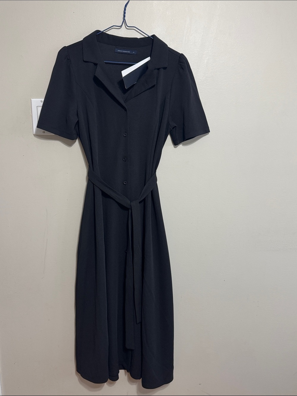 French Connection Black Midi Shirt Dress with Self Tie